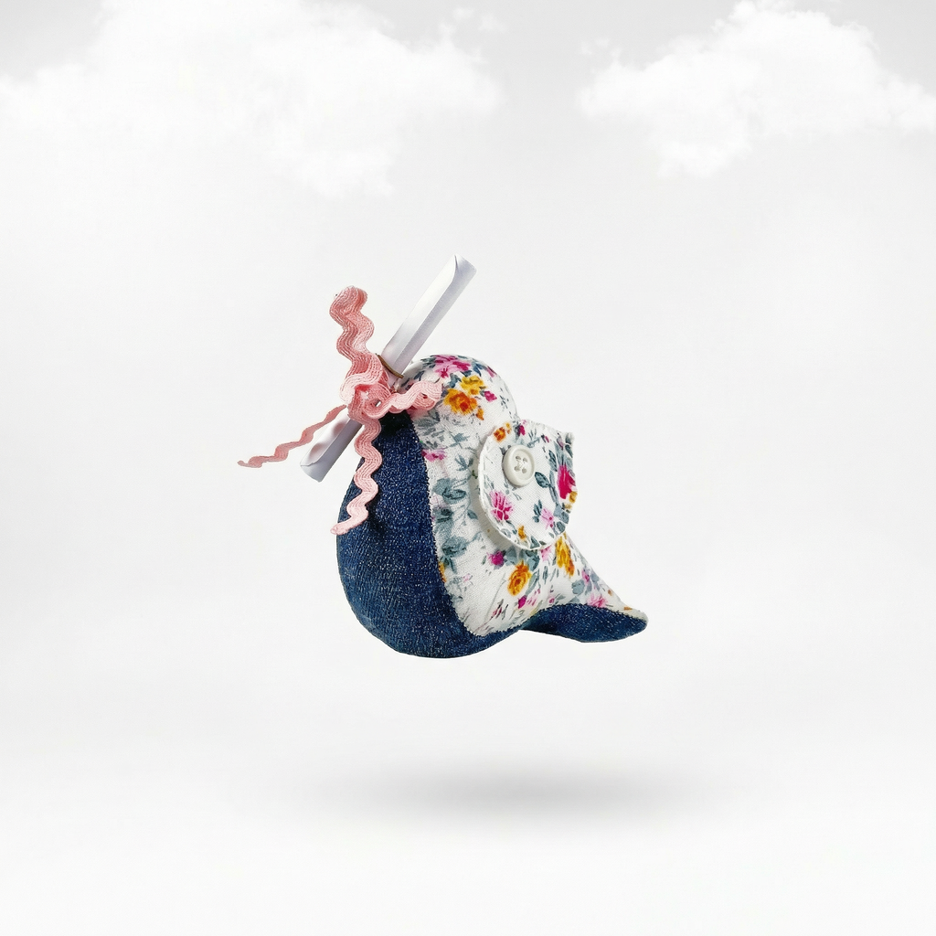 Messenger Bird – Der fröhliche Jeans-Blau Briefbote mit buntem Blumenmuster & Magnet