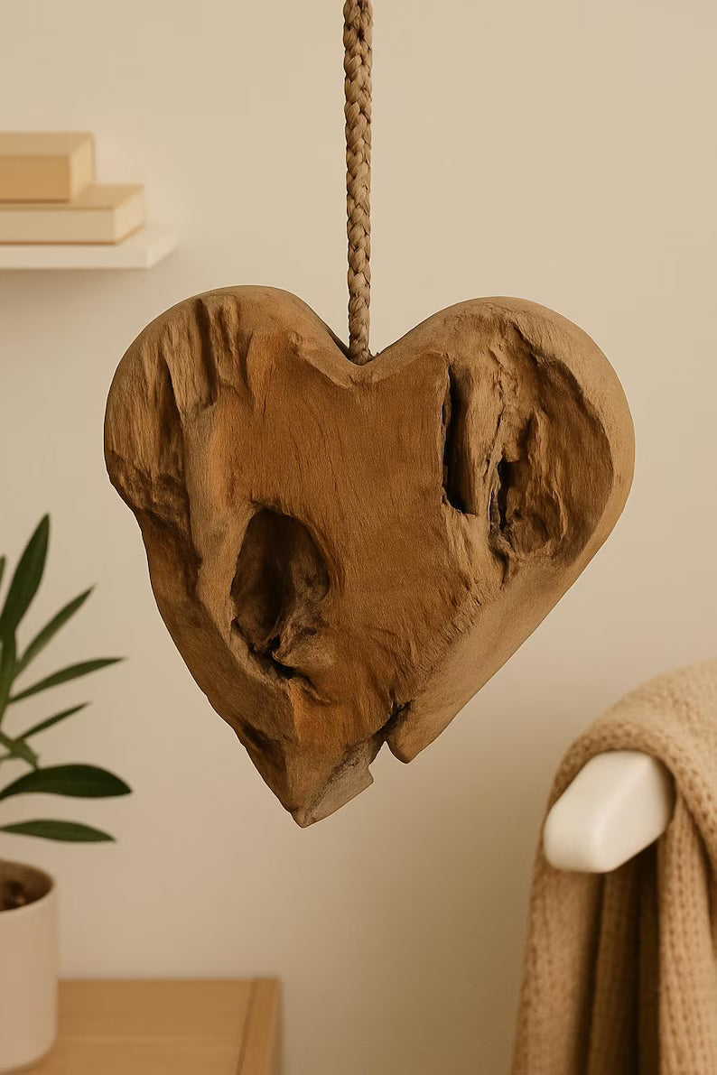 Rustikales Teakholz Herz zum Aufhängen | Naturdeko Holzherz | Handgefertigte Wanddeko | Boho Wohnaccessoire Unikat