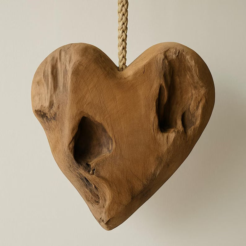 Rustikales Teakholz Herz zum Aufhängen | Naturdeko Holzherz | Handgefertigte Wanddeko | Boho Wohnaccessoire Unikat