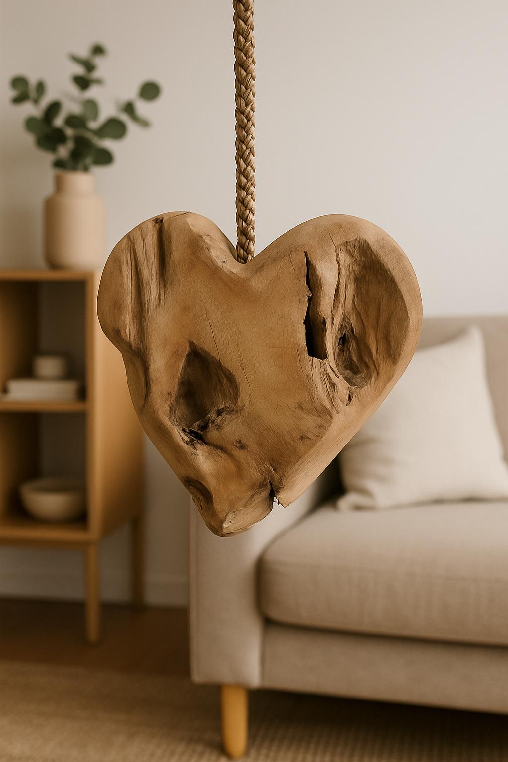 Rustikales Teakholz Herz zum Aufhängen | Naturdeko Holzherz | Handgefertigte Wanddeko | Boho Wohnaccessoire Unikat