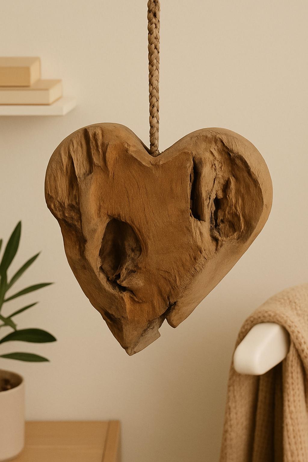 Rustikales Teakholz Herz zum Aufhängen | Naturdeko Holzherz | Handgefertigte Wanddeko | Boho Wohnaccessoire Unikat