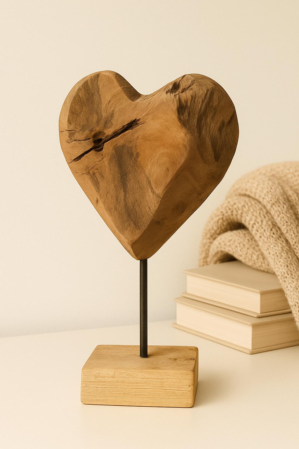 Teakholzherz auf Ständer | Handgefertigte Holzskulptur | Rustikale Naturdekoration | Einzigartiges Holzherz | Boho-Wohnaccessoire