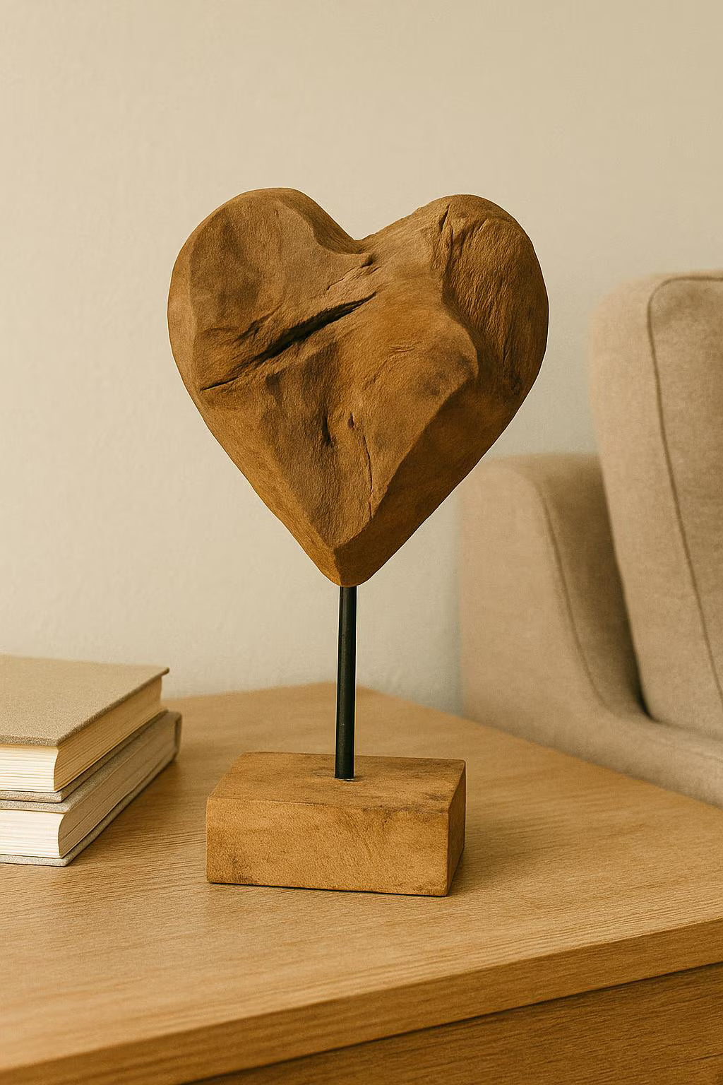 Teakholzherz auf Ständer | Handgefertigte Holzskulptur | Rustikale Naturdekoration | Einzigartiges Holzherz | Boho-Wohnaccessoire