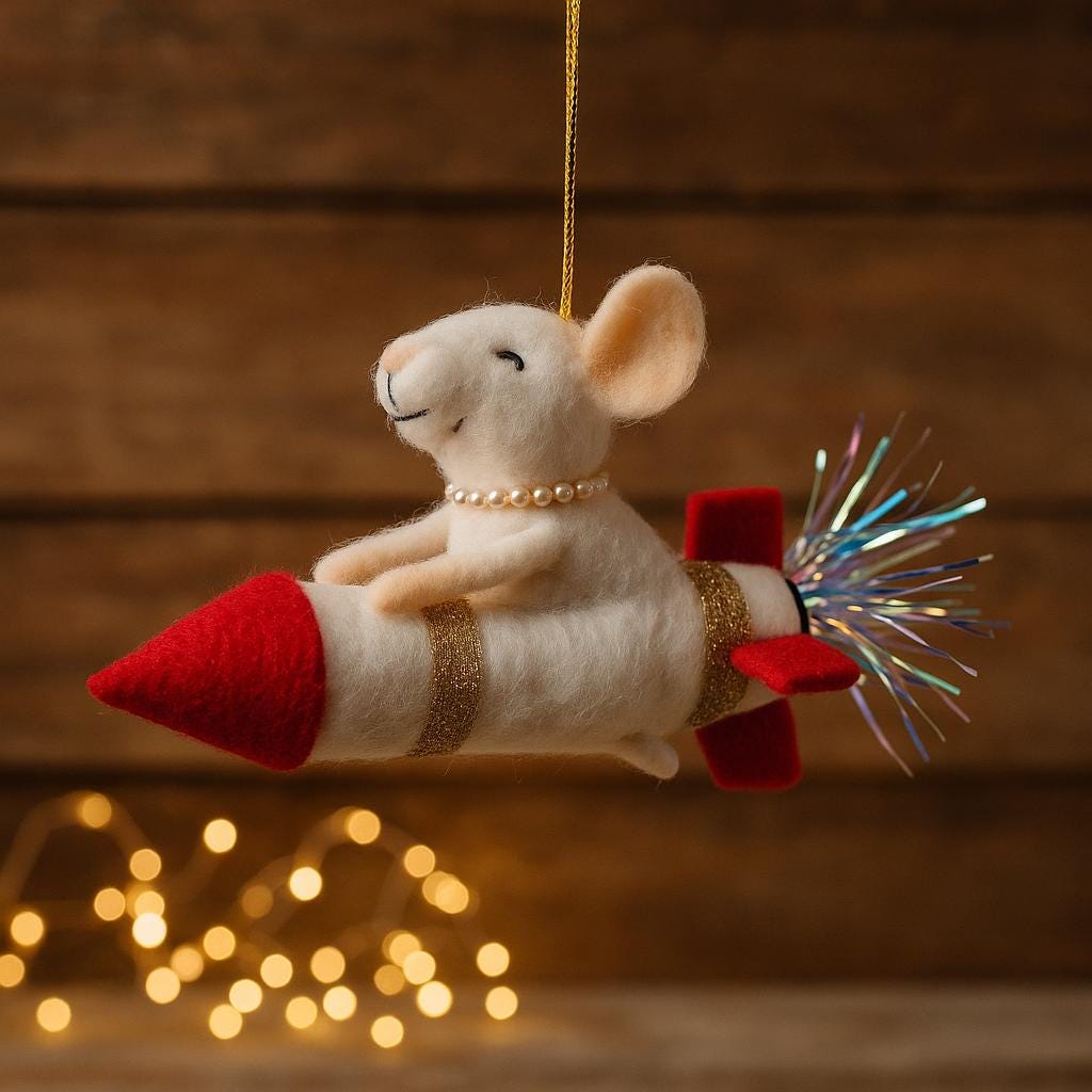 Felt mouse on rocket – Handmade Christmas decoration – Mouse ornament – Gift idea – Unique – Felt art
