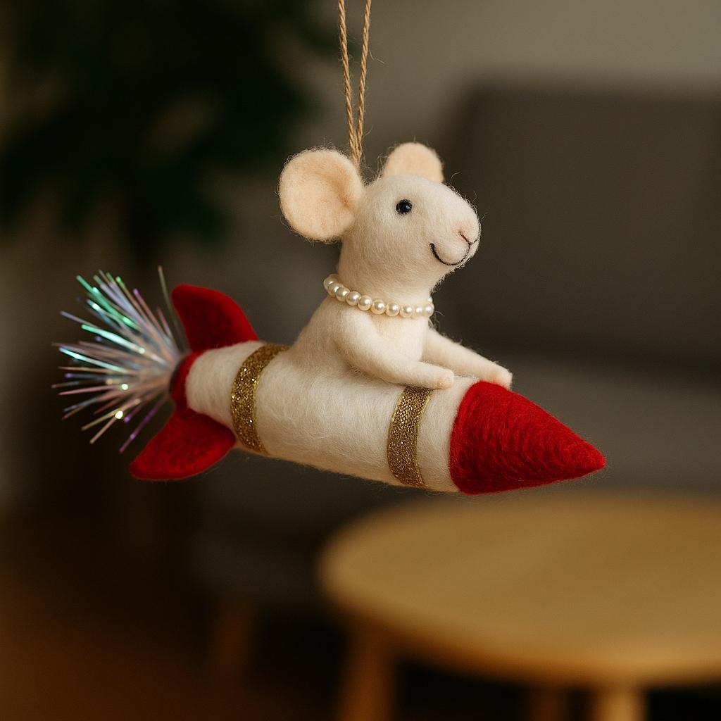 Felt mouse on rocket – Handmade Christmas decoration – Mouse ornament – Gift idea – Unique – Felt art