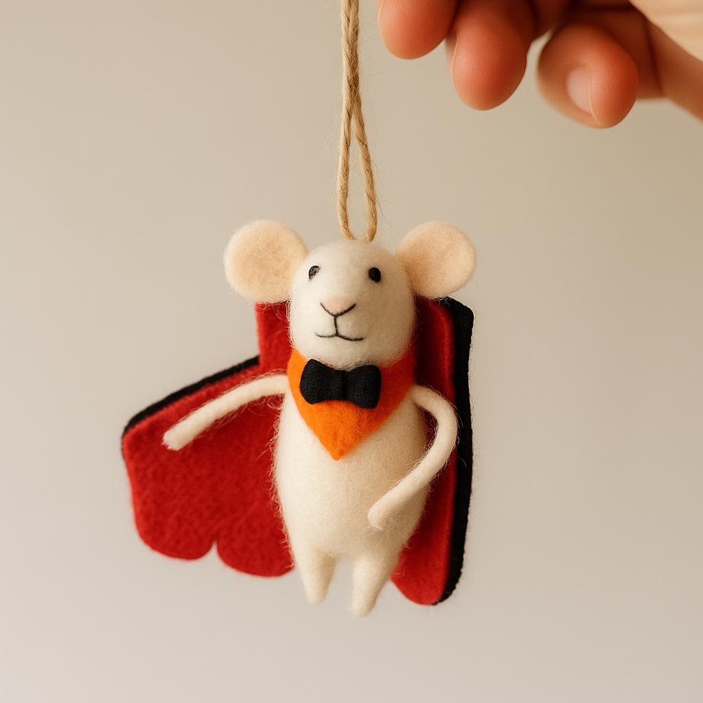 Filzmaus Dracula – handgemachte Maus aus Wolle mit Umhang – Halloween Deko – Vampirmaus Anhänger –niedliche Herbstdeko–Geschenkidee aus Filz