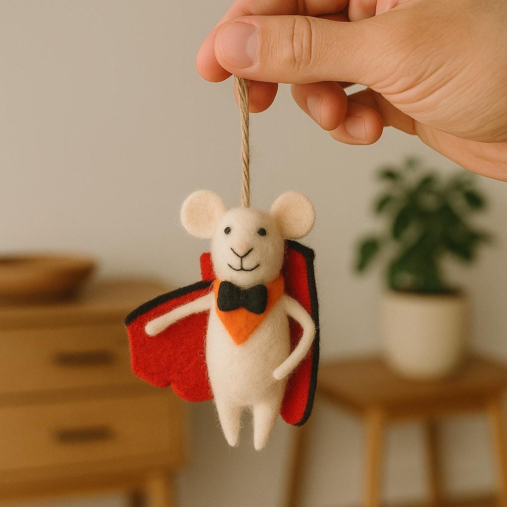 Filzmaus Dracula – handgemachte Maus aus Wolle mit Umhang – Halloween Deko – Vampirmaus Anhänger –niedliche Herbstdeko–Geschenkidee aus Filz