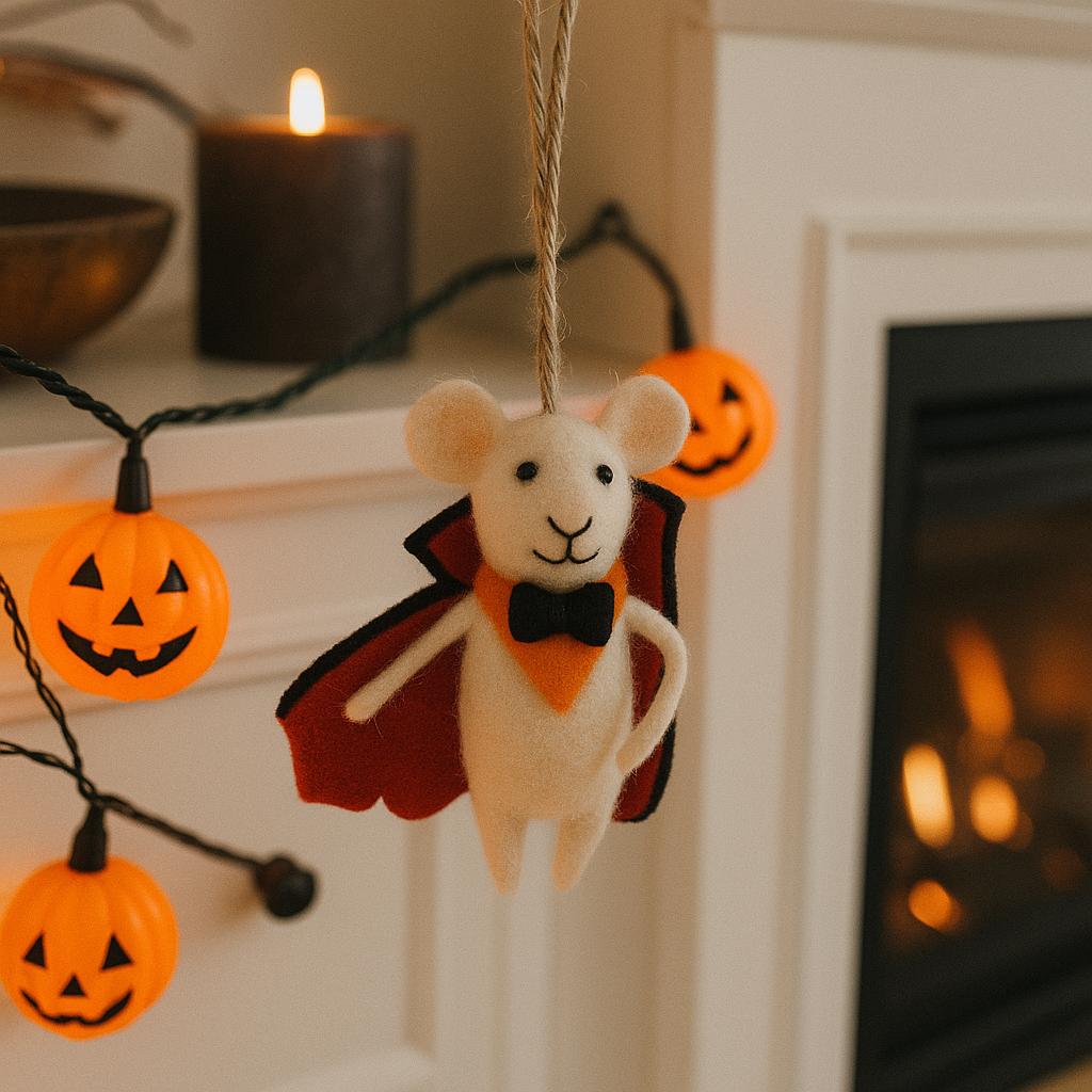 Filzmaus Dracula – handgemachte Maus aus Wolle mit Umhang – Halloween Deko – Vampirmaus Anhänger –niedliche Herbstdeko–Geschenkidee aus Filz