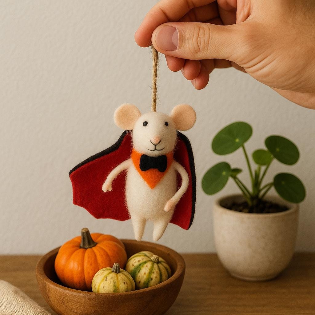 Filzmaus Dracula – handgemachte Maus aus Wolle mit Umhang – Halloween Deko – Vampirmaus Anhänger –niedliche Herbstdeko–Geschenkidee aus Filz