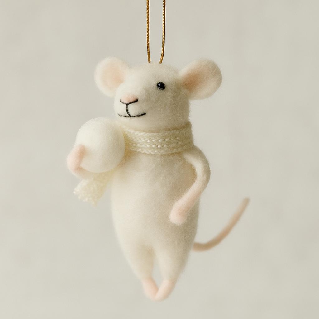 Filzmaus mit Schneeball – handgemachter Weihnachtsanhänger – Winterdeko aus Wolle – niedliche Dekofigur mit Schal–Weihnachtsmaus–Winterfigur