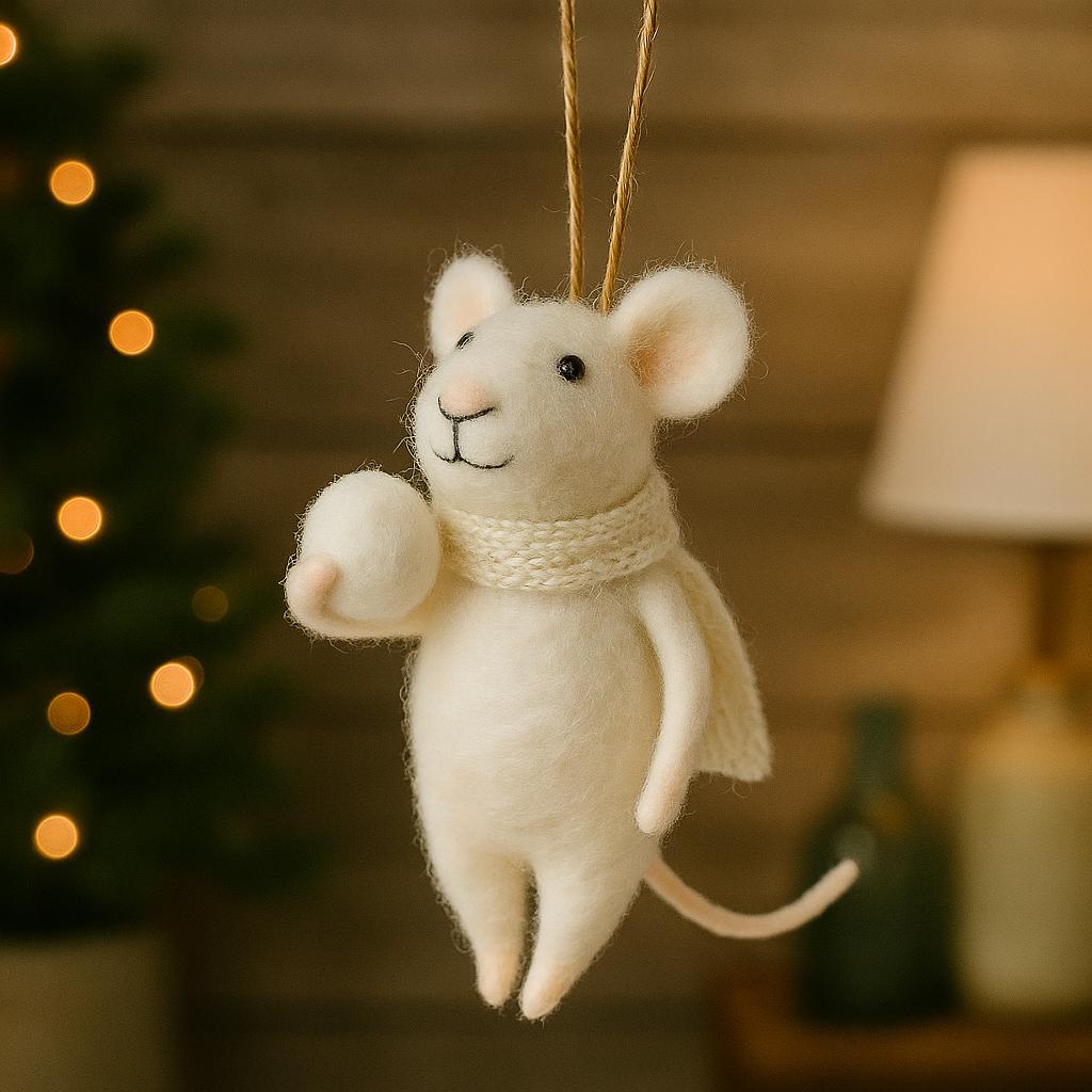 Filzmaus mit Schneeball – handgemachter Weihnachtsanhänger – Winterdeko aus Wolle – niedliche Dekofigur mit Schal–Weihnachtsmaus–Winterfigur
