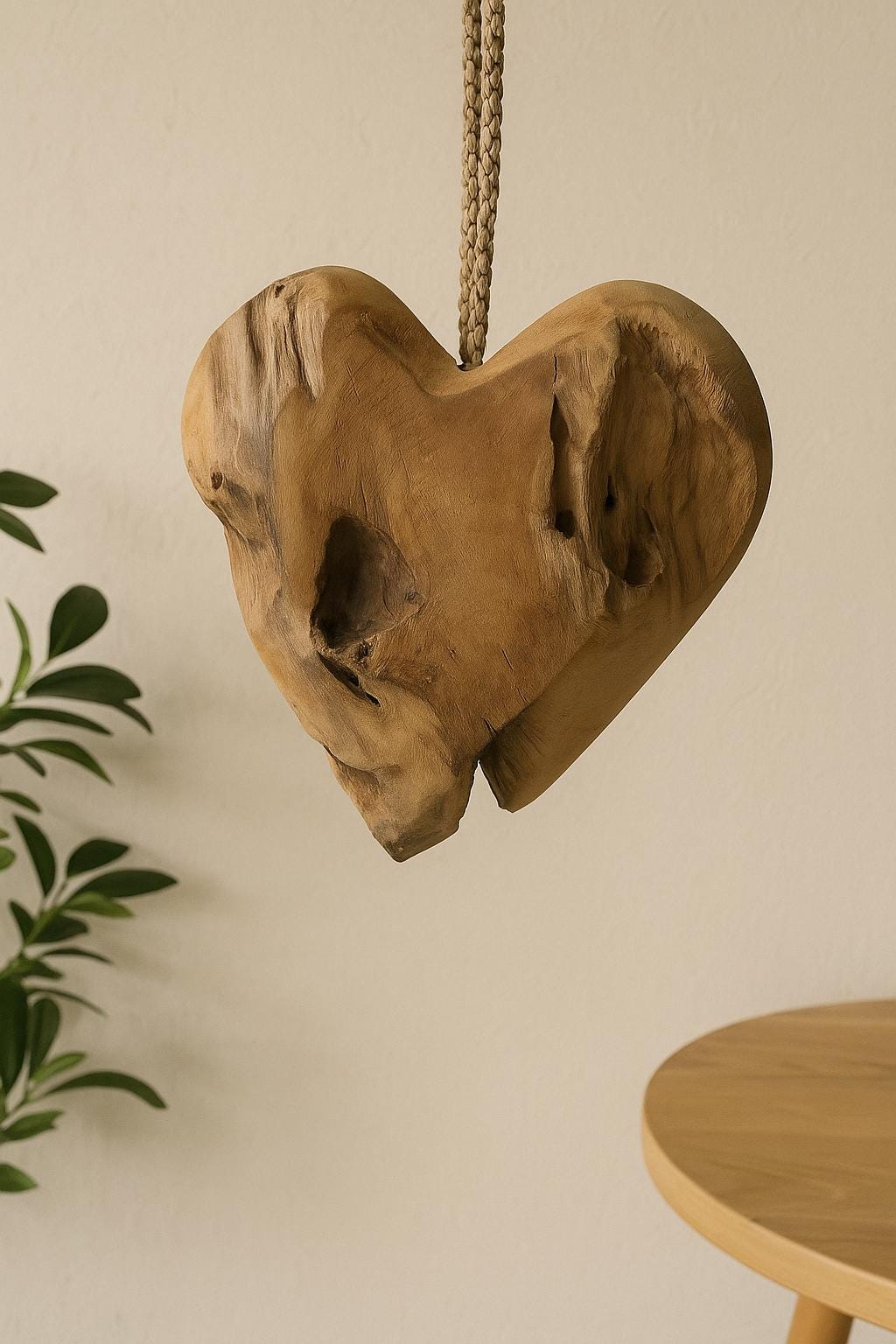 Rustikales Teakholz Herz zum Aufhängen | Naturdeko Holzherz | Handgefertigte Wanddeko | Boho Wohnaccessoire Unikat