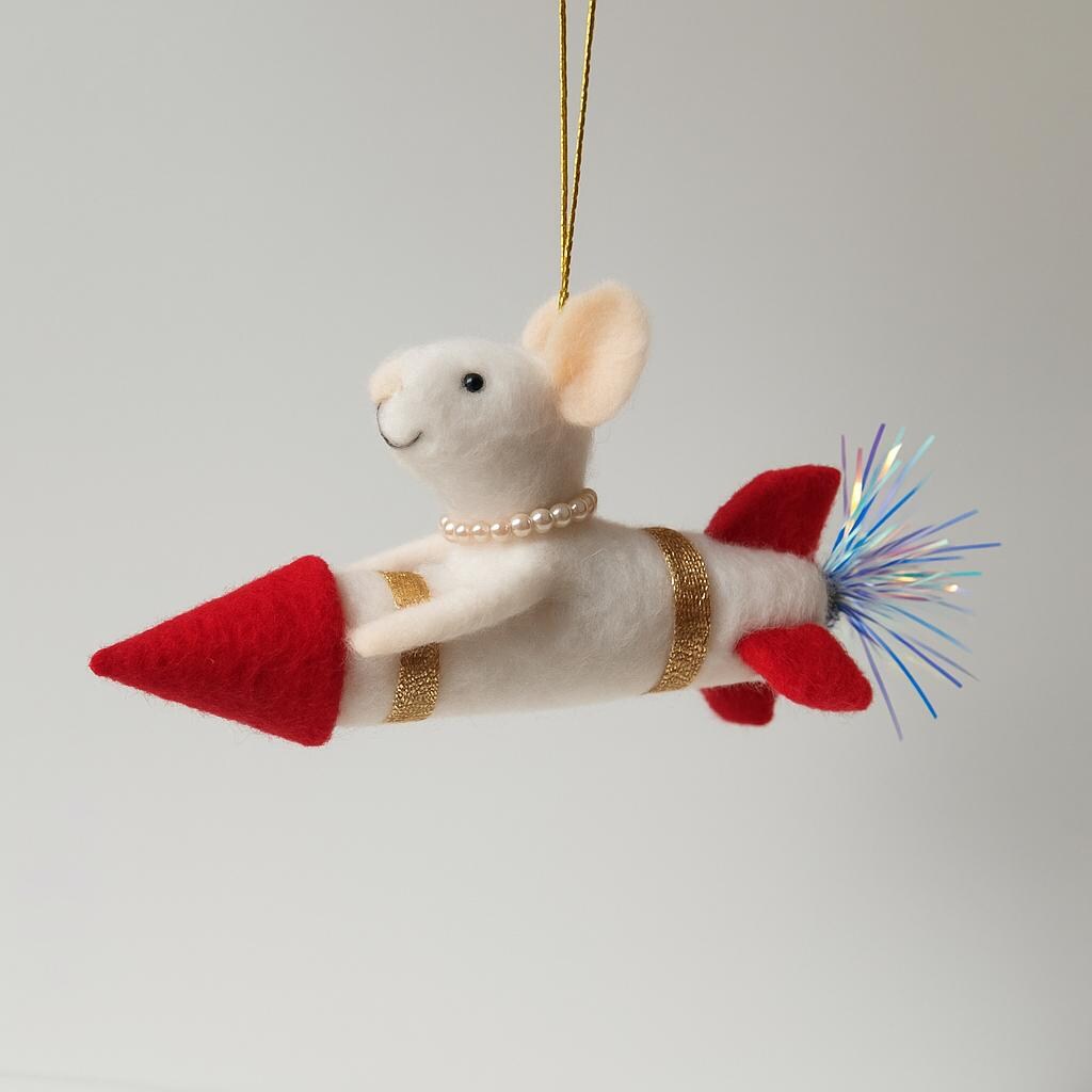 Felt mouse on rocket – Handmade Christmas decoration – Mouse ornament – Gift idea – Unique – Felt art