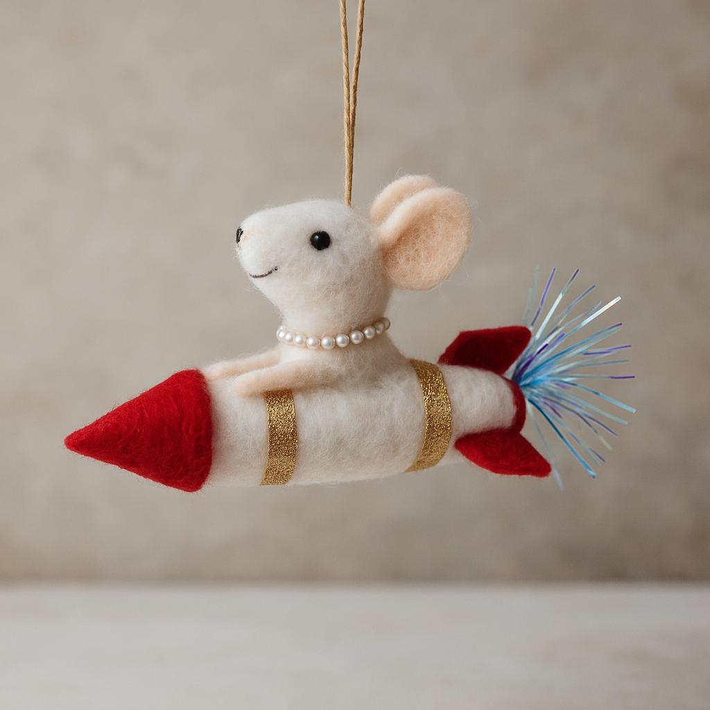 Felt mouse on rocket – Handmade Christmas decoration – Mouse ornament – Gift idea – Unique – Felt art