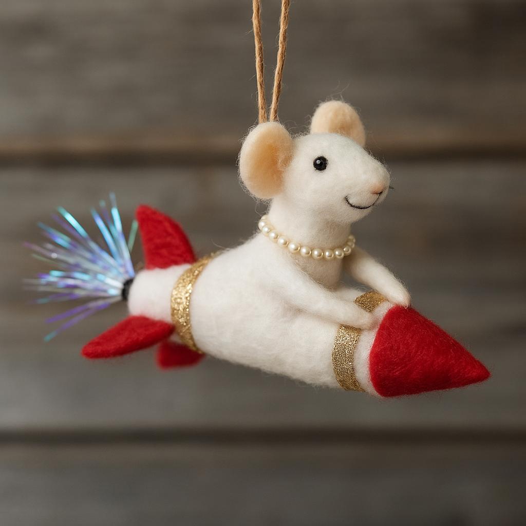 Felt mouse on rocket – Handmade Christmas decoration – Mouse ornament – Gift idea – Unique – Felt art