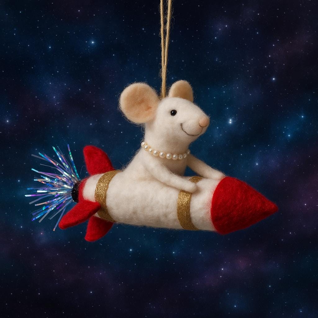 Felt mouse on rocket – Handmade Christmas decoration – Mouse ornament – Gift idea – Unique – Felt art