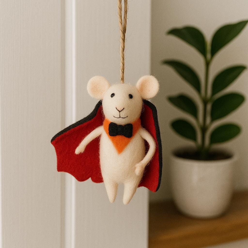 Filzmaus Dracula – handgemachte Maus aus Wolle mit Umhang – Halloween Deko – Vampirmaus Anhänger –niedliche Herbstdeko–Geschenkidee aus Filz