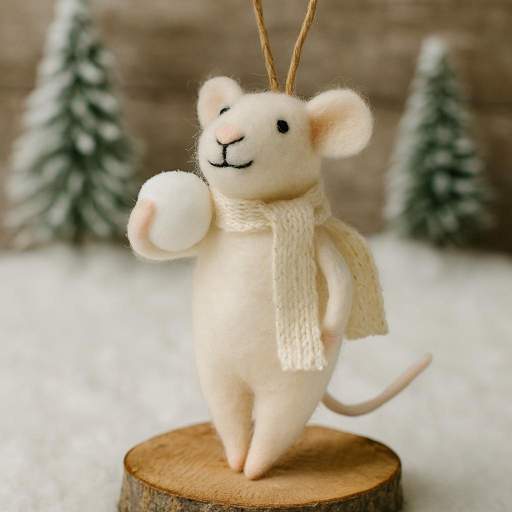Filzmaus mit Schneeball – handgemachter Weihnachtsanhänger – Winterdeko aus Wolle – niedliche Dekofigur mit Schal–Weihnachtsmaus–Winterfigur
