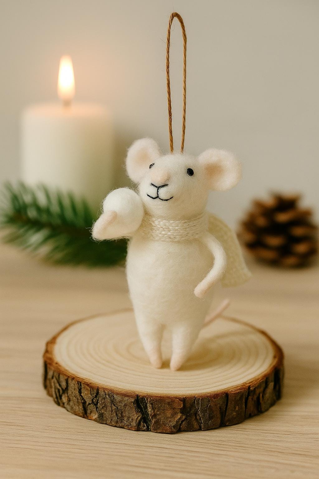 Filzmaus mit Schneeball – handgemachter Weihnachtsanhänger – Winterdeko aus Wolle – niedliche Dekofigur mit Schal–Weihnachtsmaus–Winterfigur