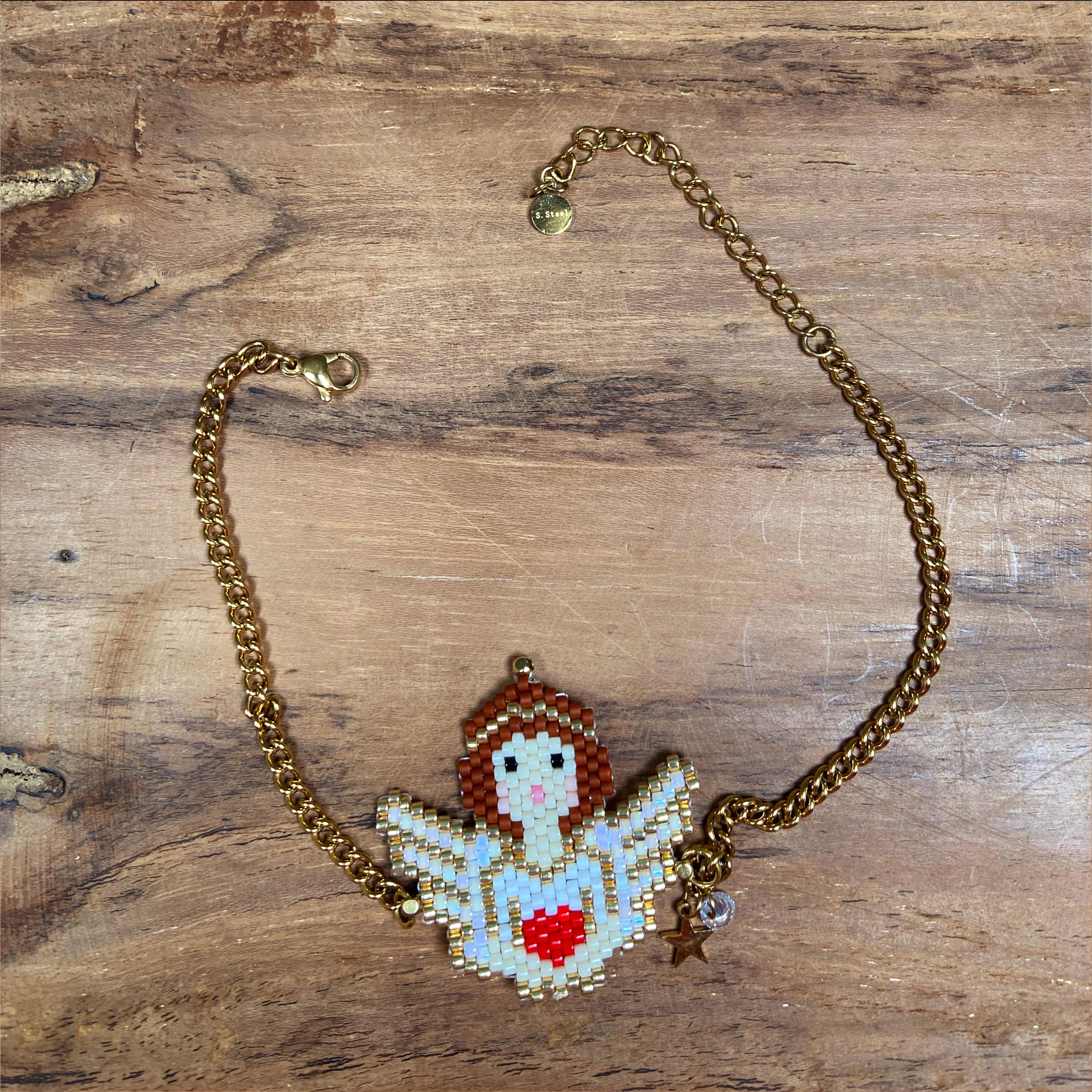 Handgefertigtes Armband mit Miyuki-Perlen – Engelmotiv mit rotem Herz Mit kleinem Sternanhänger und funkelndem Kristall-Detail, Schutzengel