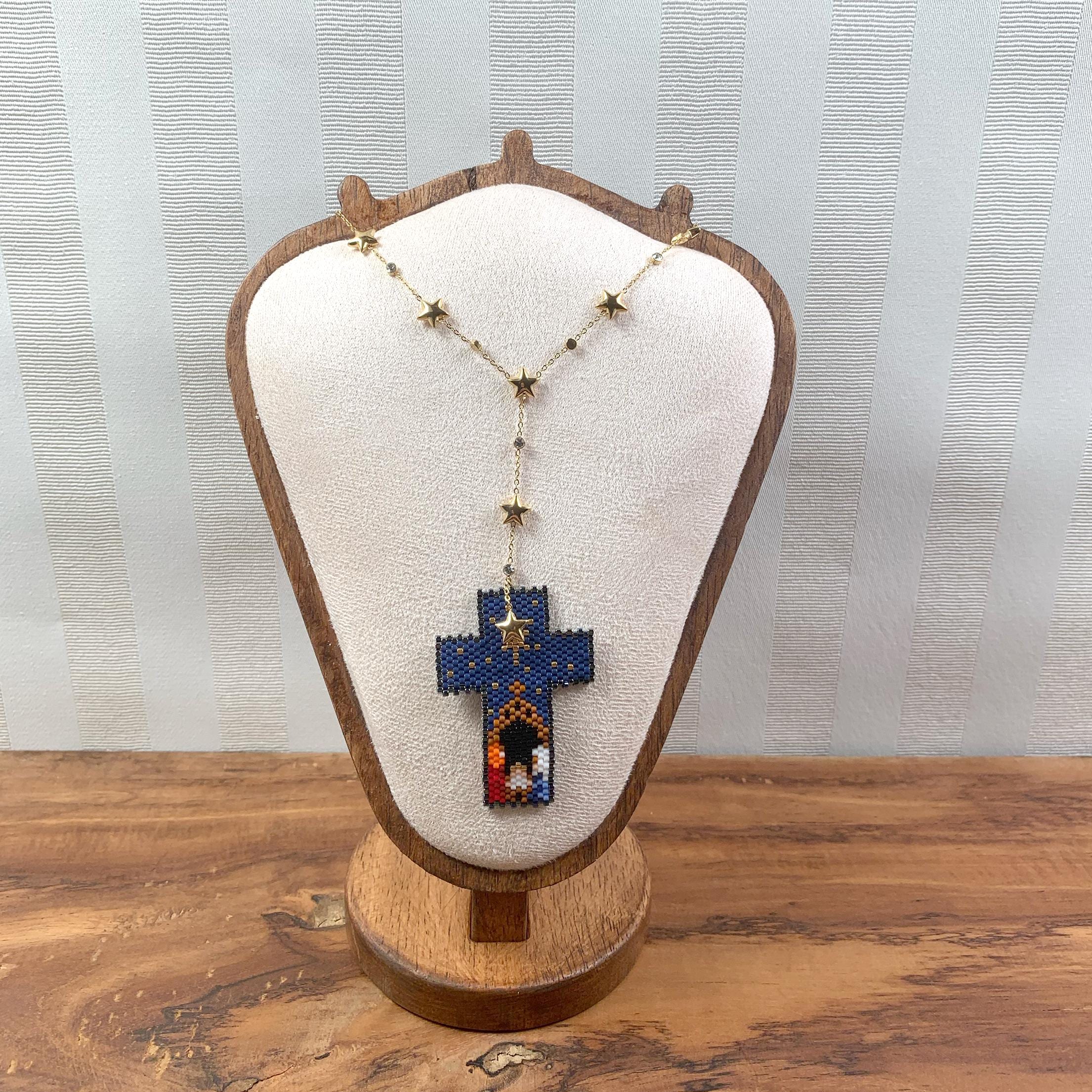 Christi Geburt aus hochwertige Handgemachte Halskette aus Miyuki Perlen,Edelstahl vergoldet, Einzigartiger Schmuck, Christliches Geschenk