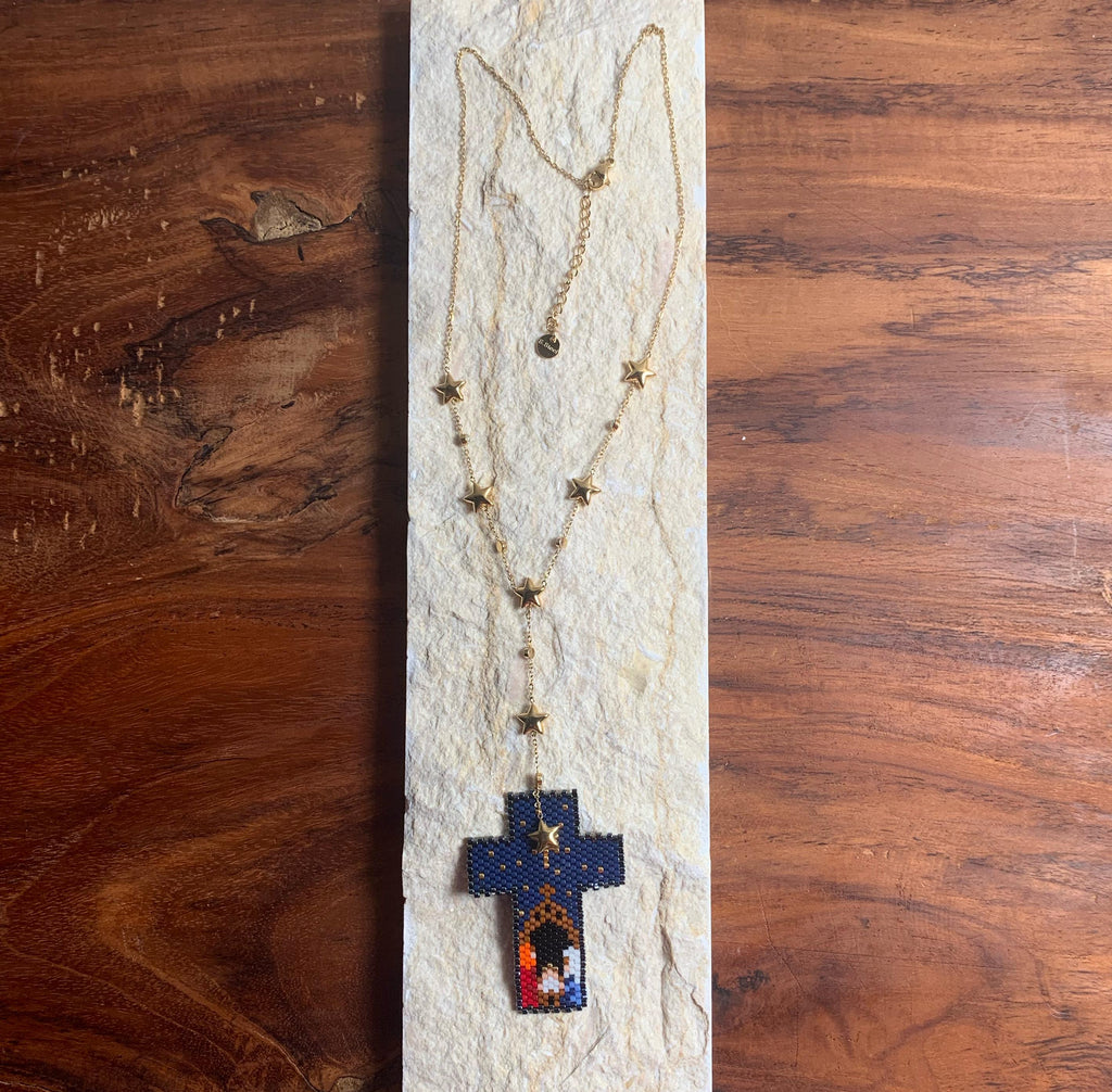 Christi Geburt aus hochwertige Handgemachte Halskette aus Miyuki Perlen,Edelstahl vergoldet, Einzigartiger Schmuck, Christliches Geschenk