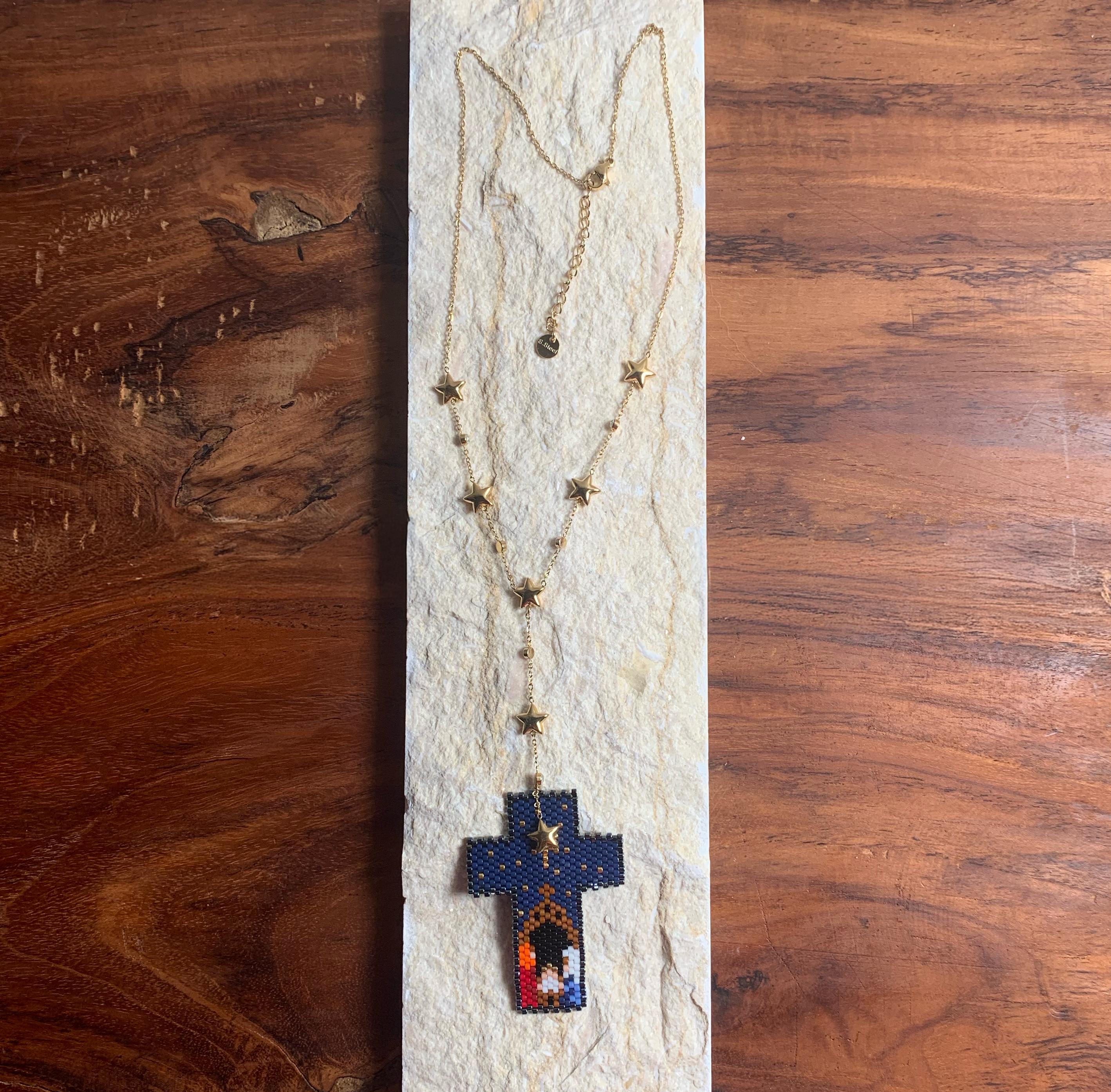 Christi Geburt aus hochwertige Handgemachte Halskette aus Miyuki Perlen,Edelstahl vergoldet, Einzigartiger Schmuck, Christliches Geschenk