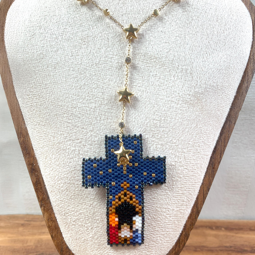 Christi Geburt aus hochwertige Handgemachte Halskette aus Miyuki Perlen,Edelstahl vergoldet, Einzigartiger Schmuck, Christliches Geschenk