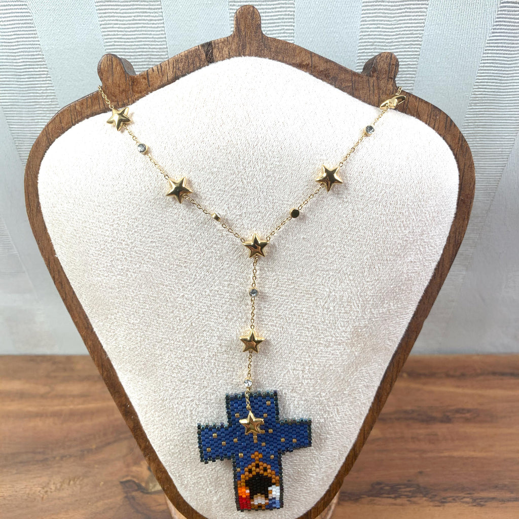 Christi Geburt aus hochwertige Handgemachte Halskette aus Miyuki Perlen,Edelstahl vergoldet, Einzigartiger Schmuck, Christliches Geschenk