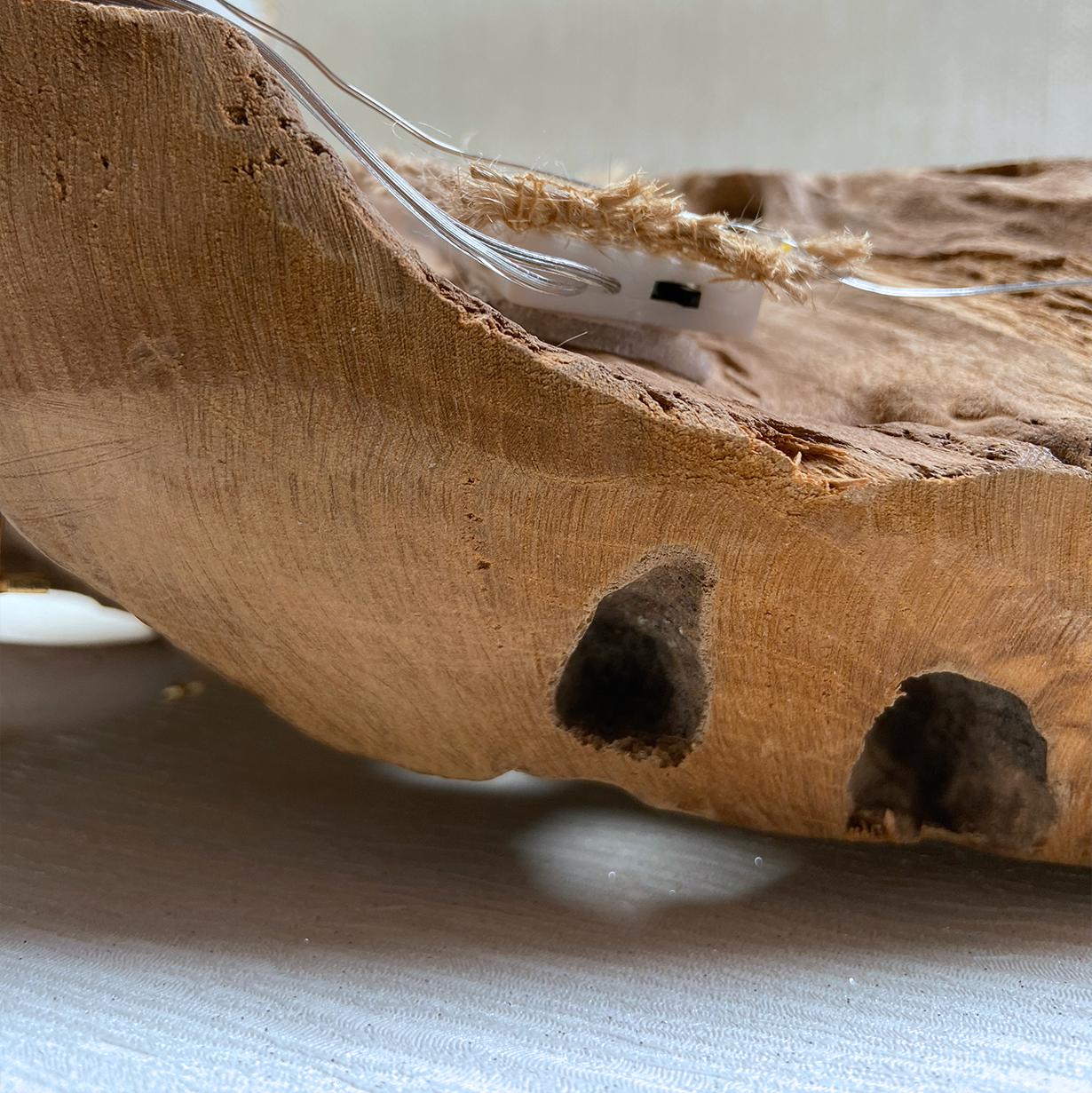 Herz-Dekoration aus Teakholz mit Keramik-Mond, Leuchttrum & goldenen Sternen – Handgemacht – Unikat Geschenkidee für Weihnachten und Alltag